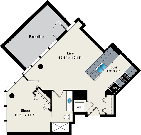 Floor plan for 1 bed, 1 bath, 660 sqft
